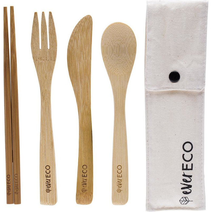 Ever Eco Bamboo Cutlery Set + Chopsticks w/ Organic Cotton Pouch - Hummingbird Sings